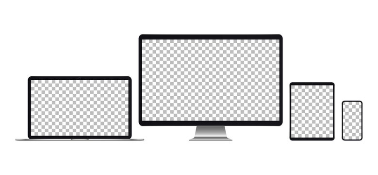 Electronic gadgets. Set of realistic computer monitors, laptops, tablets and mobile phones with tansparent screen on white background. Design smart digital device set. Vector illustration. Eps10