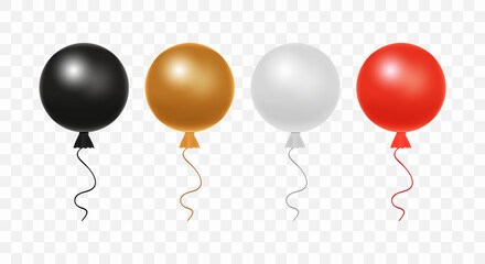 Set of glossy realistic vector colorful balloons isolated on transparent background. Colorful realistic helium balloons for birthday, holiday events, parties, weddings: Black, brown, gray, red colors.