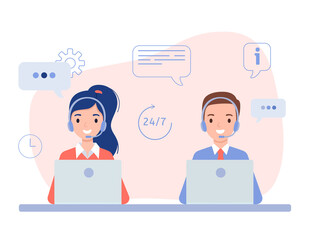 A girl and a guy in headphones, the concept of a call center and online customer support. Vector illustration in flat style.