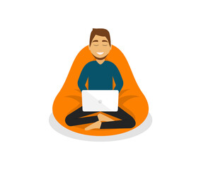 Young man sitting on bag working on laptop computer. Freelance, remote working, online studying, work from home concept. Home office concept, man working from home, student. Vector illustration