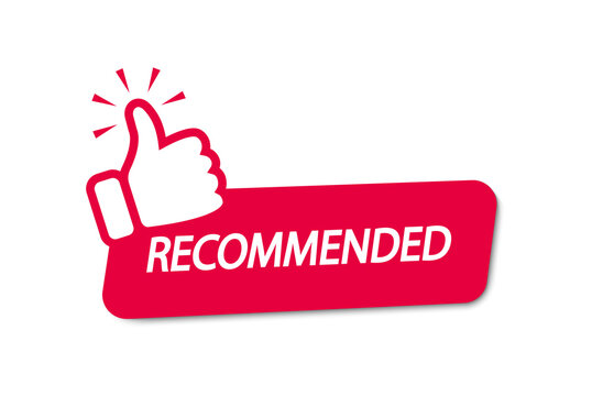 Recommend icon. Banner recommended with thumb up. Red label. Best brend. Emblem. Vector illustration. Eps 10