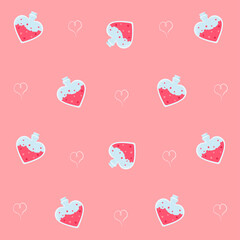 Happy Valentine's day seamless pattern.Test tube love fluid reaction laboratory bottle science romantic love theme. Heart shape. Love chemistry, elixir, potion seamless background.