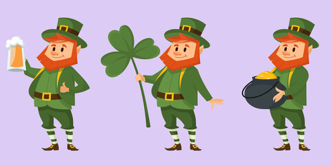 Leprechaun in different poses. Fairy tale character in cartoon style.