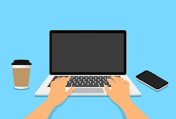 Hands in work at laptop keyboard with blank monitor screen at table. Work place with a glass of coffee, telephone. Vector illustration. EPS 10 - obrazy, fototapety, plakaty