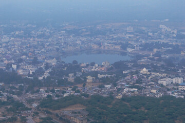 Pushkar lake and city view from Ratnagiri hills, Pushkar, Ajmer, Rajasthan, India.