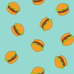 Burger, hamburger, cheeseburger vector seamless pattern. Fast food on blue background. For the design of textiles, fabric, wallpaper, wrapping paper.