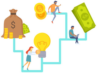 Great idea, business plan and cooperation in deal with businessmen partners making money together, teamwork. Man and woman discussing solution to increase profits, decide on new investment activity