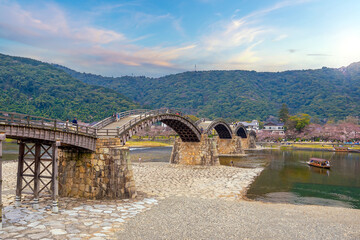 Kintaikyo Bridge in Iwakuni, Japan at  sunset