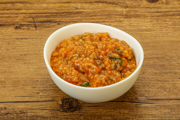 Traditional Georgian Kharcho soup with meat