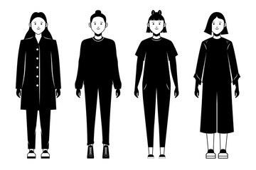 Beautiful female character. Set of ten black and white portraits with different hair and details. Cartoon. Vector illustration design for your project and business.