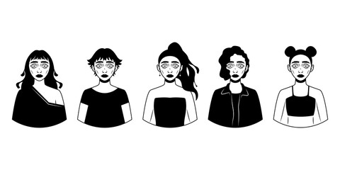Beautiful female character. Set of ten black and white portraits with different hair and details. Cartoon. Vector illustration design for your project and business.