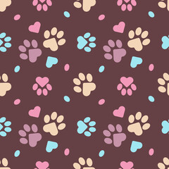 Paws of a cat, dog, puppy. Seamless pink animal footprint pattern for bedding, fabrics, backgrounds, websites, postcards, baby prints, wrapping paper. 