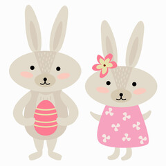 Easter bunnies. Rabbit boy with an Easter egg. Rabbit girl with a flower. White background, isolate.