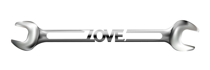 Realistic hand wrench or spanner with caption love isolated on white background. Photo-realistic chrome metal tool. Greeting, Valentines Day. Vector illustration.