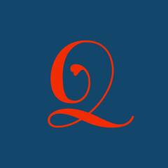 Letter Q logo.Wedding decorative creative calligraphic icon isolated on dark background.Ornate symbol for beauty, gift boutique brand.Alphabet initial.Heart shape playful element.Bright red color.