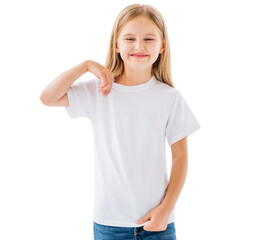 Smiling little girl showing her white t-shirt isolated on a white background