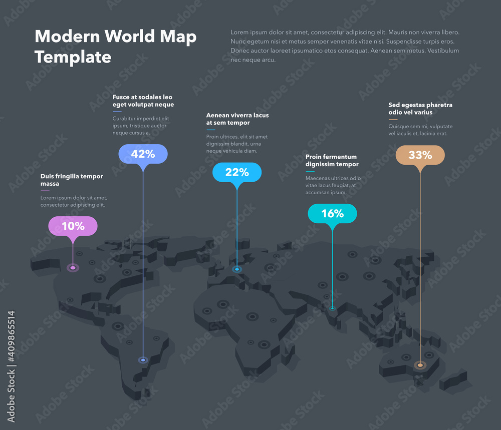 Poster Modern 3d world map infographic template with colorful pointer marks - dark version. Easy to use for your design or presentation.