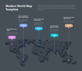 Modern 3d world map infographic template with colorful pointer marks - dark version. Easy to use for your design or presentation.