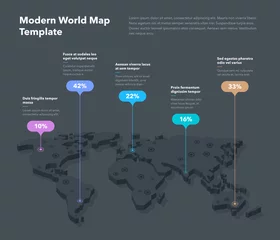  Modern 3d world map infographic template with colorful pointer marks - dark version. Easy to use for your design or presentation. © tomasknopp
