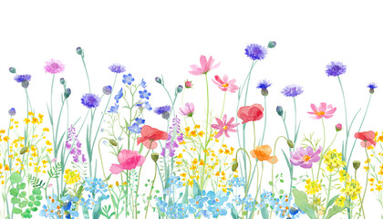 色々な花が咲き乱れる、春の野原の水彩イラスト。横方向シームレスパターン。