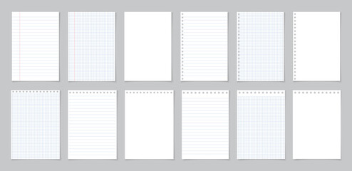 Paper with line and grid. Page of school notebook. White sheet for note. Notepad with texture. Template of notepaper isolated on gray background. Blank letter of diary for homework, write. Vector - obrazy, fototapety, plakaty