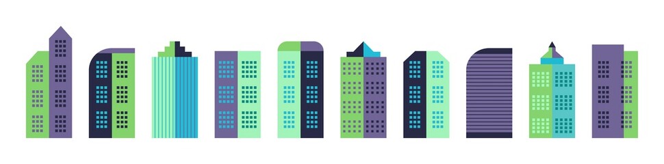 City building in minimal style. Town landscape with architecture, houses. Modern cityscape with commercial geometric buildings. Design urban apartments on white background. Graphic template. Vector.