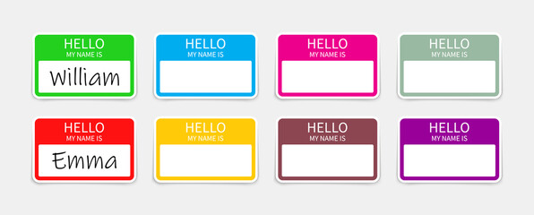 Name badge. Tag of hello. Sticker or card with my nametag. Label with hi. Paper card for identification teacher, speaker on meet and corporate. Template for registration on conference. Vector - obrazy, fototapety, plakaty