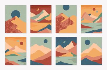 Bundle of creative abstract mountain landscapes,mountain range,desert dunes backgrounds.Mid century modern vector illustrations with hand drawn mountains,sea or lake,sky,sun and moon.Trendy design.