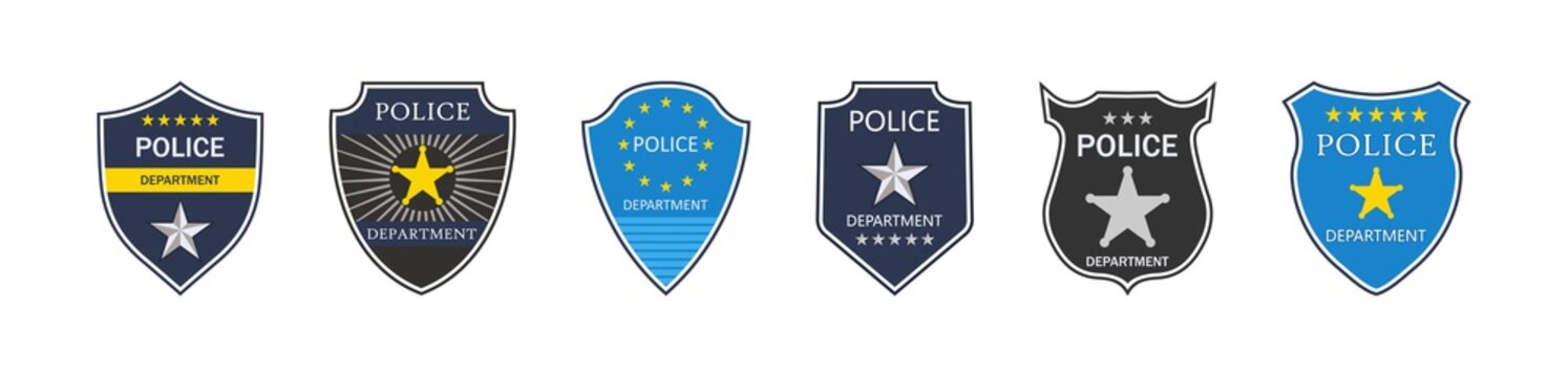 Police badge. Police department. Emblem of shield for cop and officer. Sign of security, law and protect. Symbol of sheriff, detective and policeman. Label with star and crest. Icon of patrol. Vector