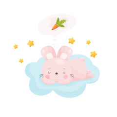 Cute cartoon Easter bunny sleeping on the fluffy cloud and dreames about a carrot. Vector illustration.
