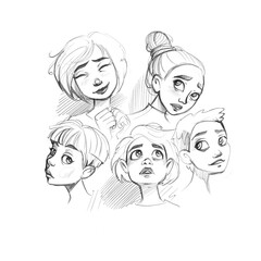 Sketchbook. Set of young and different girls avatars drawn by hand with pen isolated on white background