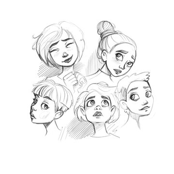 Sketchbook. Set of young and different girls avatars drawn by hand with pen isolated on white background