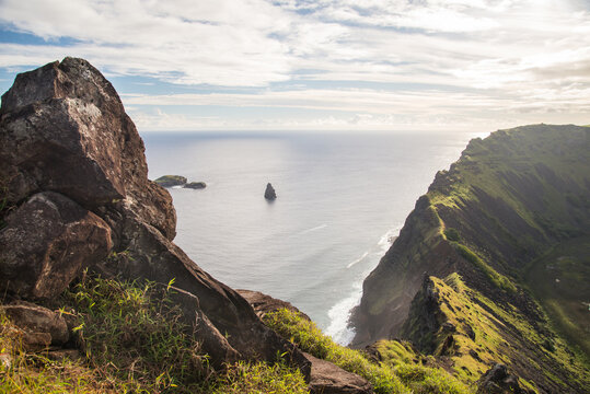 View from the top of the Ranu Kao volcano crater at Easter Island, Valparaiso, Chile