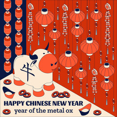 Happy Chinese New Year background with creative white ox and hanging lanterns. Vector illustration