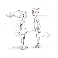 Pen sketch on white background. Hand drawn sketchbook illustration. An emotional story in one picture