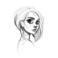 An avatar in a sketch of a young girl with short hair. Handwork