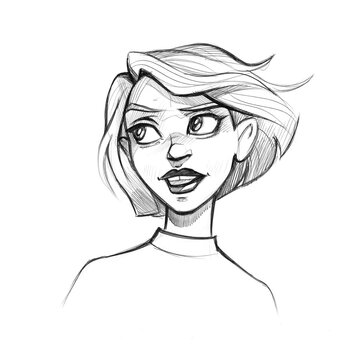 An avatar in a sketch of a young girl with short hair. Handwork