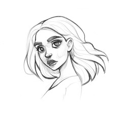 Hand-drawn portrait of a young beauty. Unique handcrafted image on white background