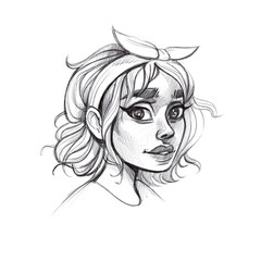 An avatar in a sketch of a young girl with short hair. Handwork