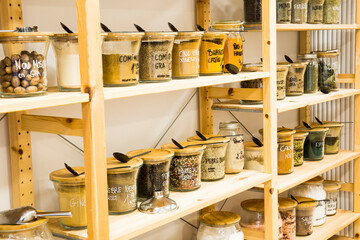 Self service bulk organic food. Eco-friendly zero waste shop. Small local business. Cumin, mustard, nutmeg. cayenne and garlic