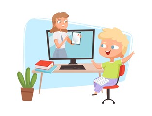 Online education concept. Boy and teacher on screen, happy student distance learning vector illustration. Education teaching online, student and teacher e-learning