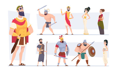 Ancient rome. Authentic clothes of rome traditional citizens medieval outfit coliseum warriors exact vector cartoon characters. Rome ancient traditional, culture archaic civilization illustration