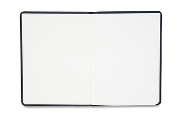 Top view above of open blank notebook for taking notes meeting isolated on white background for design a mockup. Education and business concept. flat lay