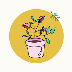 Flower in a pot, books, laptop, chair, kettle, coffee pot, mugs, Slippers, jam. Quarantine positive doodle icons, home elements. Cute vector hand drawn doodle set about Stay Home, work in home. 	