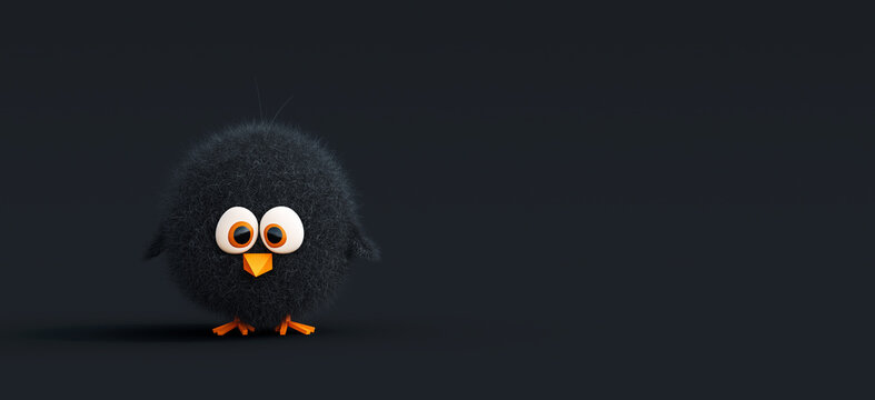 Small cute black bird with copy space on black background 3D Rendering