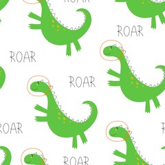 seamless pattern with cartoon dinosaurs, decor elements. Colorful vector flat style for kids. Animals. hand drawing. baby design for fabric, print, wrapper, textile