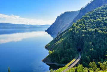 Calm on Lake Baikal. Large-scale top view - obrazy, fototapety, plakaty