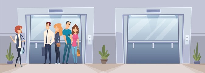 Business people in elevator. Open and closed elevators in office building. Colleagues greetings, happy managers go to work vector illustration. Office elevator, lift interior transportation © ONYXprj