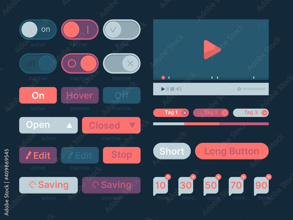 Poster ui kit. web themes icon buttons bar menu search line dividers players garish vector template. illust