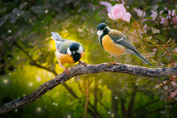 Fantasy Portrait Of two Tit Birds Sitting on tree branch in Magical enchanted Fairy Tale dreamy elf...
